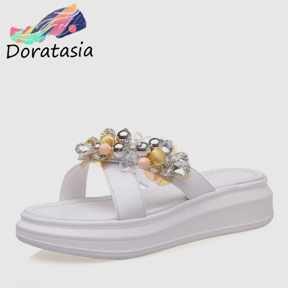 

DORATASIA Brand New Big Size 34-40 INS Hot women's Genuine Leather Crystal Shoes Woman Casual Outside Summer Slippers 2019