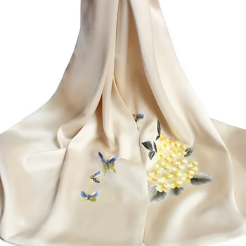

100% Pure Silk Scarf for Women Handmade Embroidery Scarf Luxury Brand Silk Head Hijabs Gift For Ladies Real Silk Scarf and Shawl