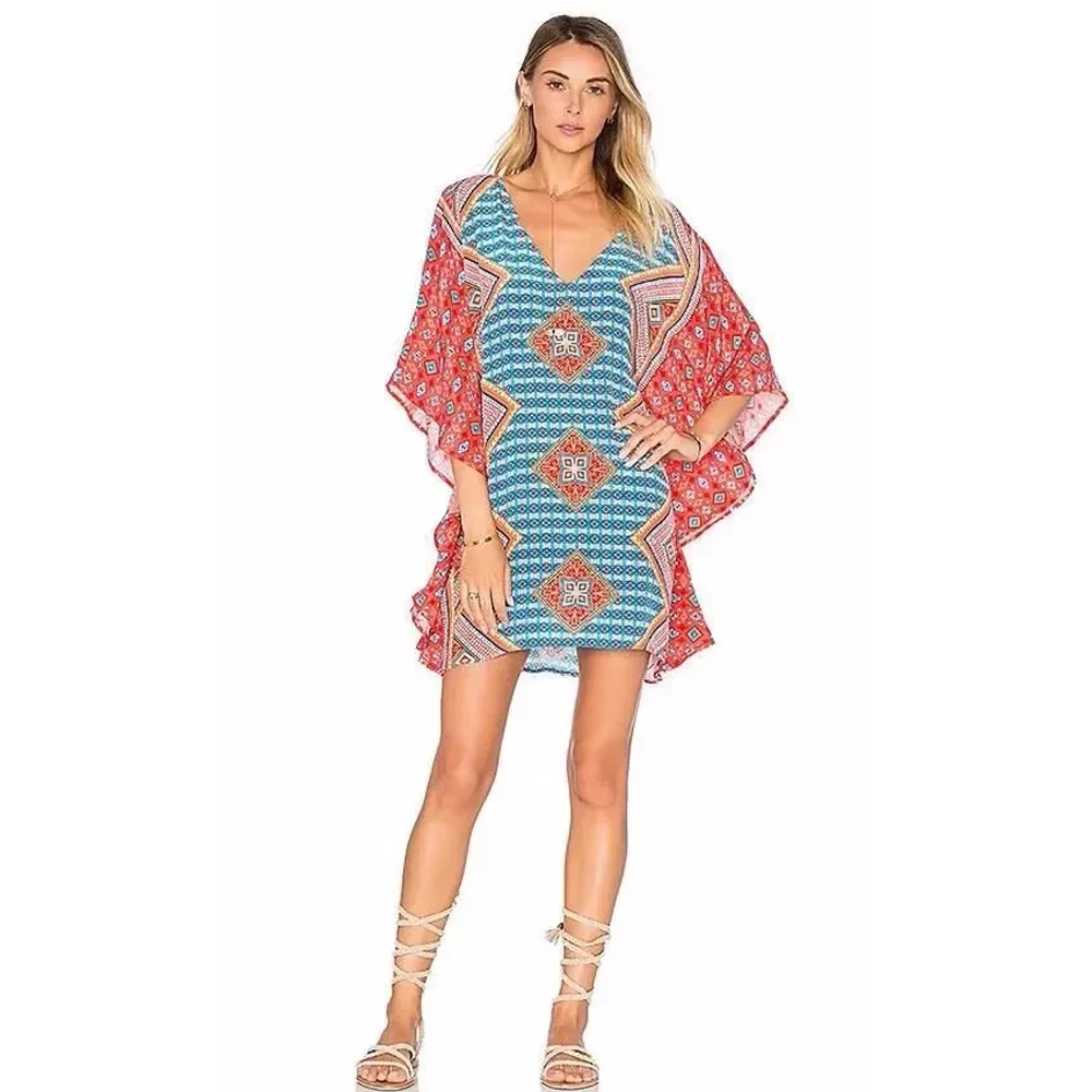 

Women Half Sleeves Geometric Pattern Vintage Print Loose Summer Dress
