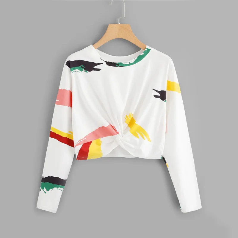 

Zuolunouba New Summer Casual Knitted Painted Harajuku Short T-shirts Women Fashion Stitching Long Sleeve Tees Tops Female