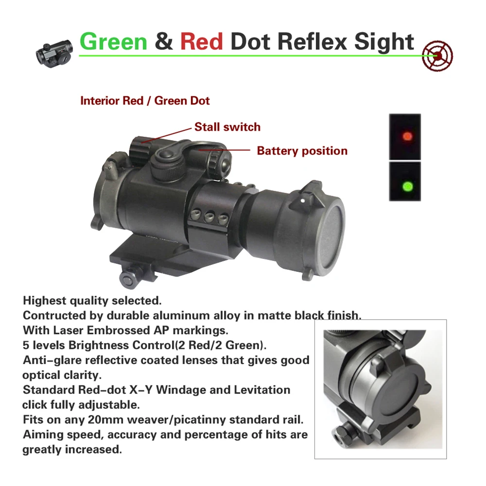 Тактический охотничий прицел 1x30x40 Reflex Red Green Dot с 5 режимом яркости 20 мм Пикатинни Крепление алюминиевое матовое черное