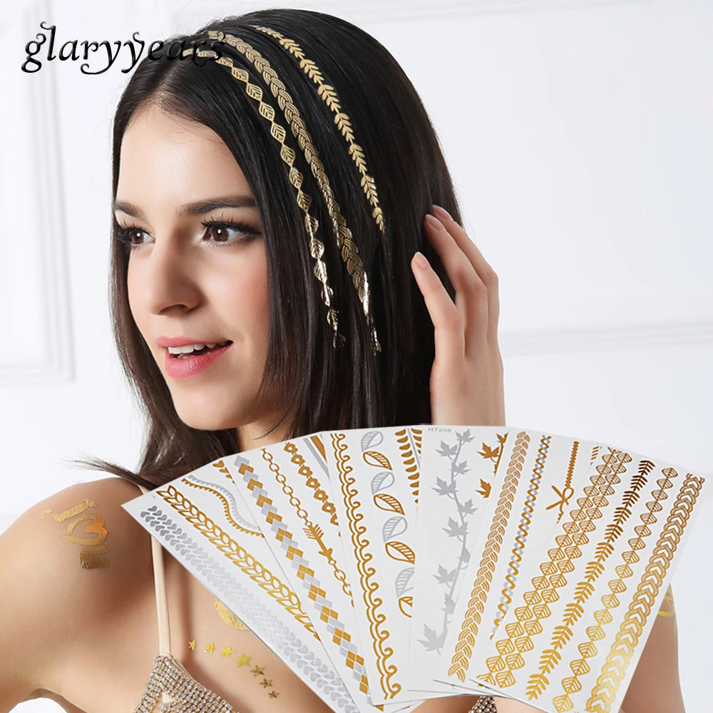 

1 Piece Hot Flash Leaf Bracelet Gold Metallic Tatoo HT200 Temporary Sexy Women Hair Wrist Body Art Jewelry Tattoo Sticker Design