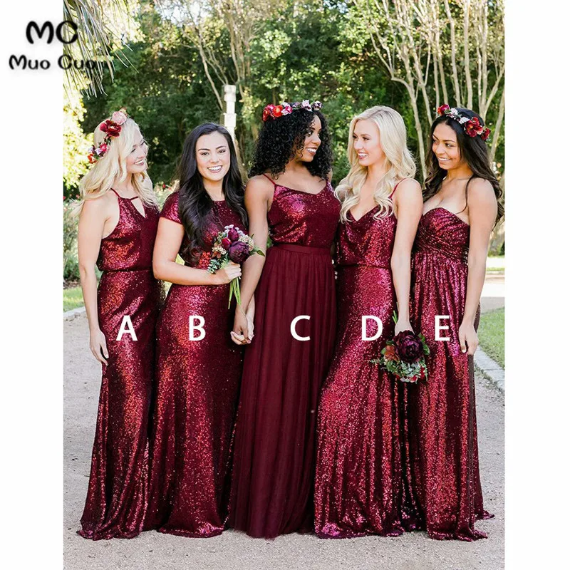 Sheath Spaghetti Straps Sweep Train Red Sequined Bridesmaid Dress
