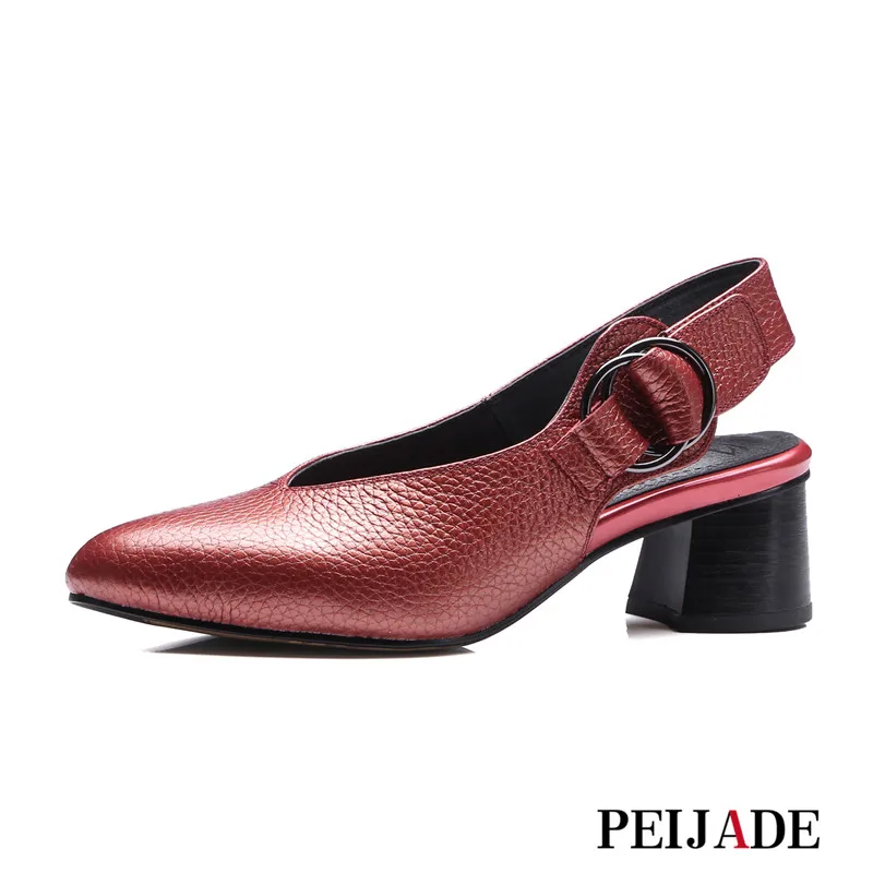 

PEIJADE 2018 new vintage sandals cover women's summer thick heels, middle heels, post-empty leather shoes, fashion casual shoes.