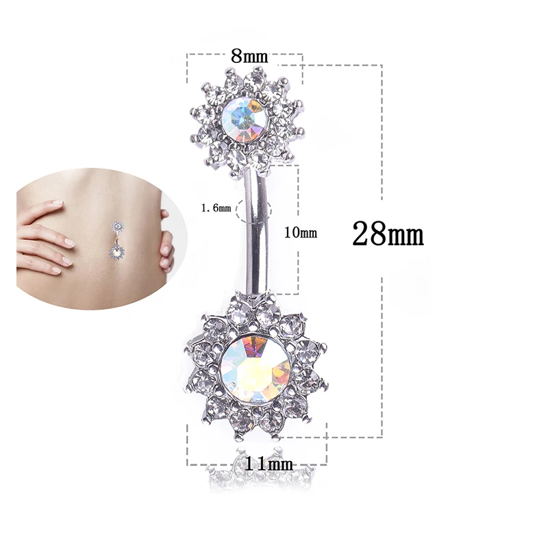 

Surgical Steel Sexy Flower Dangle Navel Rings Double Side White Round Silver Plated Button Ring Navel Piercing Jewelry