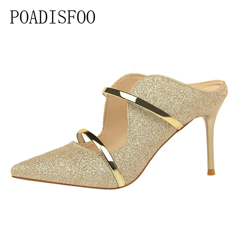 Goede POADISFOO mode sexy nachtclub schoenen met hoge hakken sequin doek woord met zomer koele slippers vrouwen. DS 1788 1