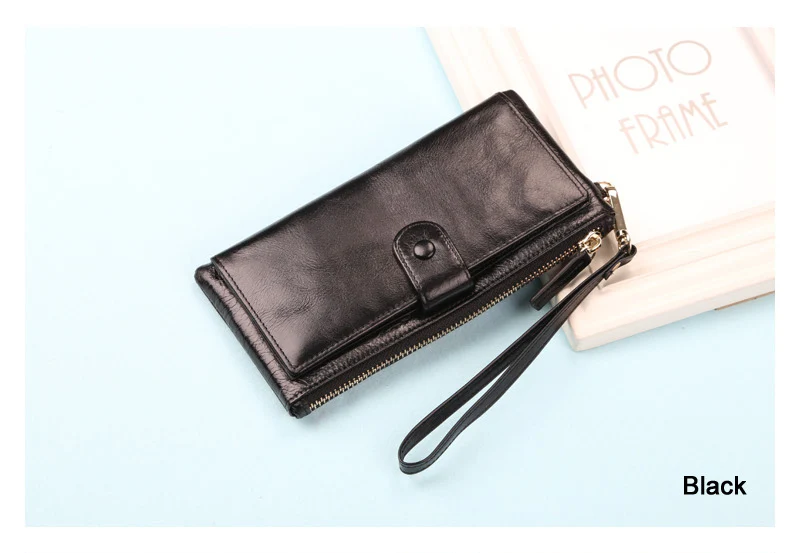 Best Quality! Women Oil Wax Genuine Cowhide Leather Long Zipper Wallet Lady Fashion Clutch Purse Bag With Strap 7 colors 2153