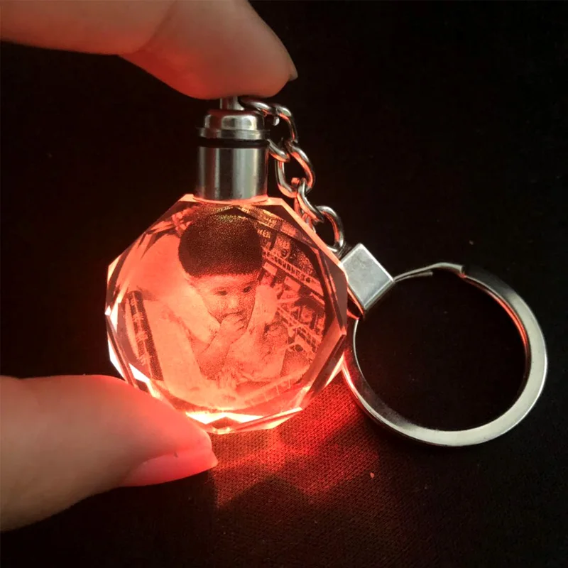 

Customized K9 Crystal Glass Round Photo Frame Mini Colorful Changing LED light Keychain DIY Picture Corner Albums Wedding Gift