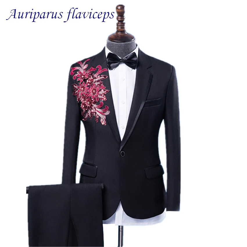 

Auriparus flaviceps Embroidery Black Costumes Groom Tuxedos Groomsman Suit Applique Performance Man Suits 2 Pieces Man