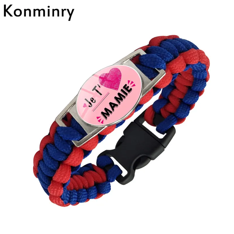 Konminry سوبر Papy Mamie Parrain Paracord سحر أساور الزجاج قبة البيضاوي الأحمر الأزرق اللون حبل الإسورة هدايا مجوهرات