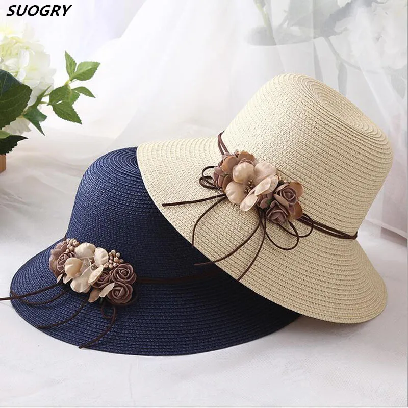 

SUOGRY Summer Handmade Flower Strawhat Women's Garland Sunbonnet Bucket Hat Roll-Up Hem Beach Cap Sun Hat For Women