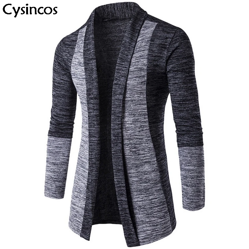 

Cysincos Men Patchwork Slim Cardigan Autumn Winter Warm Casual Sweaters Long Knitted Turn-down Collar Outerwear Plus Size M-4XL
