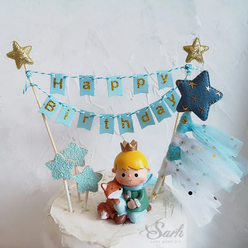 

Prince Fox Gold Blue Star Heart Crown "Happy Birthday" Cake Topper for Party Decoration Baking Suplies Child Kid Boy love Gifts
