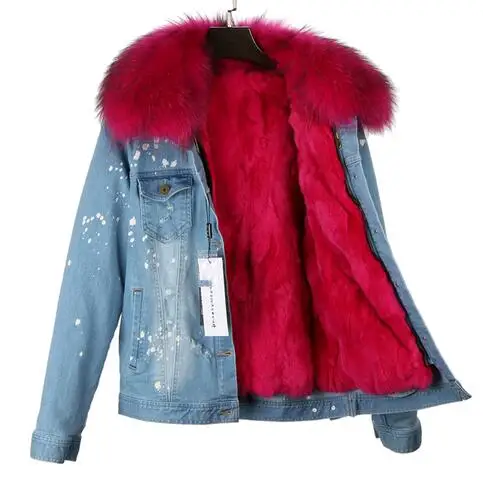 Брендовая Новинка, осенне-зимняя куртка, пальто, женская джинсовая куртка с дырками, настоящий большой воротник из меха енота, натуральный мех кролика, толстая теплая подкладка - Цвет: 12