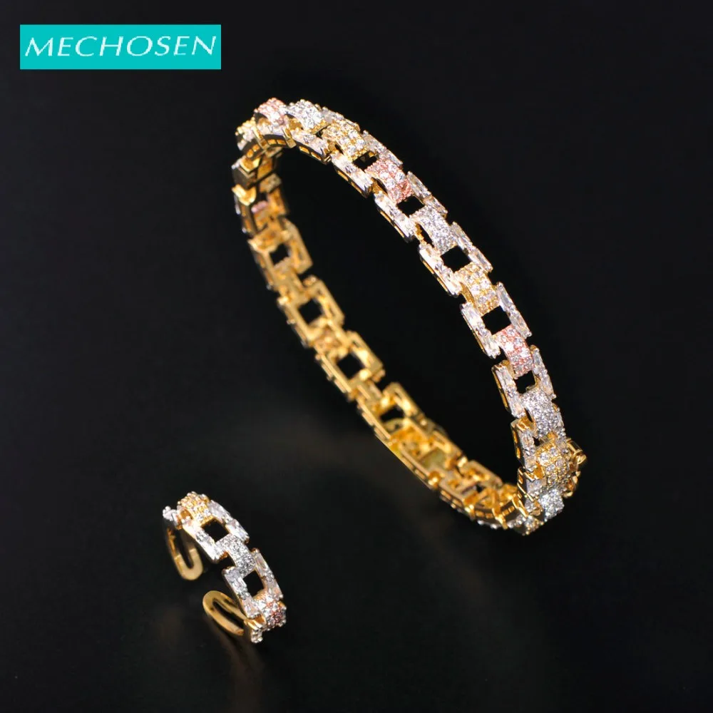 

MECHOSEN Gorgeous Delicate 2/pc Set Strap Bangle Ring Cubic Zircon Copper Jewelry For Women Banquet Bride Wedding Decoration Set