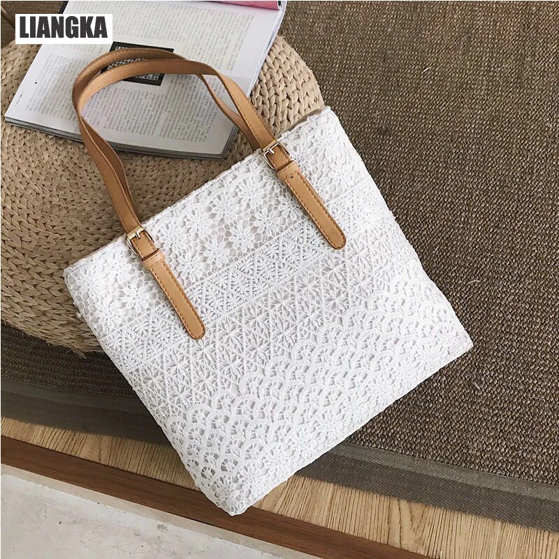 

LIANGKA Women Fashion Designer Lace Handbag Black White Lady Causal Tote Fan Art Shoulder Bag Messenger Bag