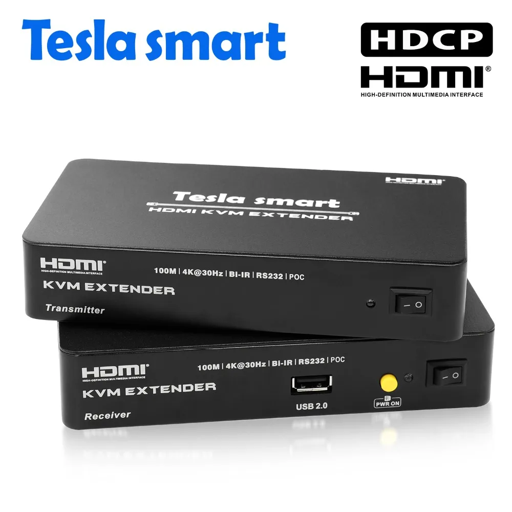 

Tesla smart Multi-function HDMI KVM Extender 4K 100M HDMI KVM+Audio Extender by CAT5e/6 (1 Extender TX+1 Extender RX)