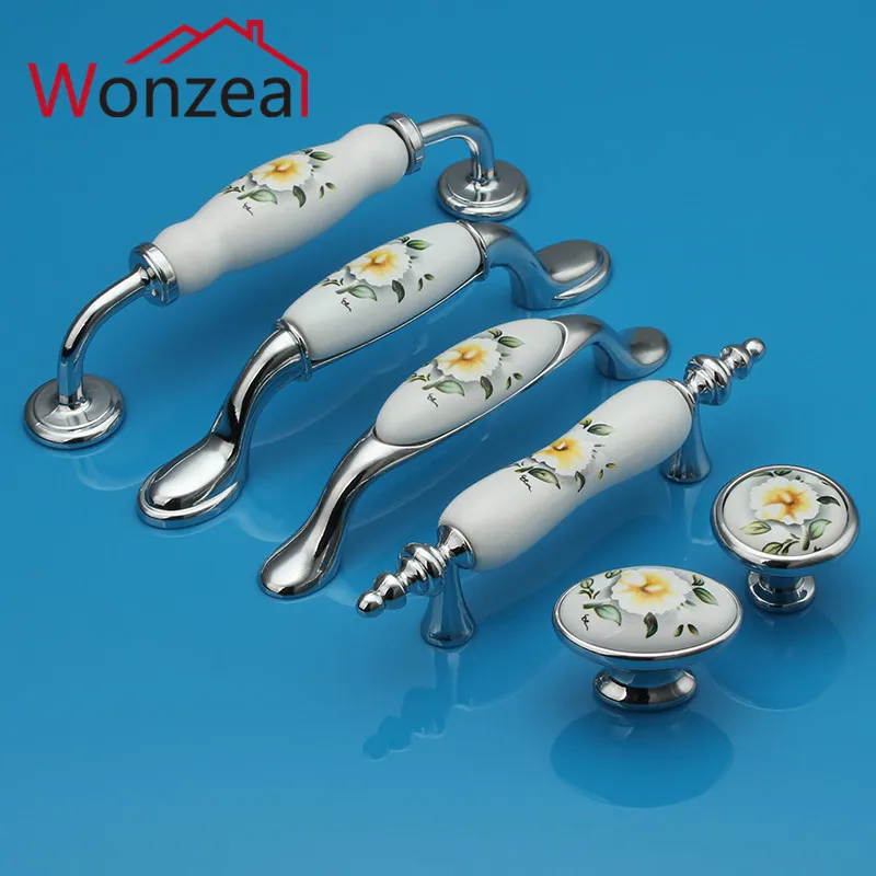 Ручки из цинкового сплава и мебели белые керамические ручки с желтым цветочным