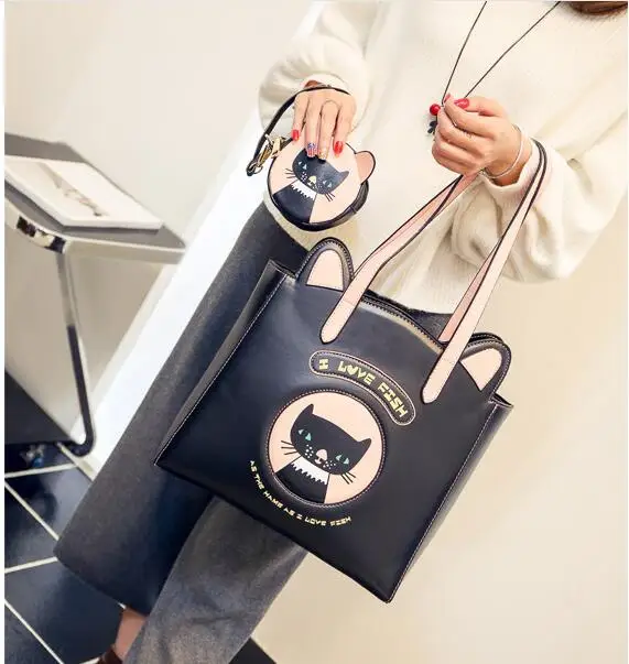 

2018 Hot New Fashion Women Female Cute Kitten Printed Zipper Composite Bag Casual Handbags Shoulder Bags Messenger Bag