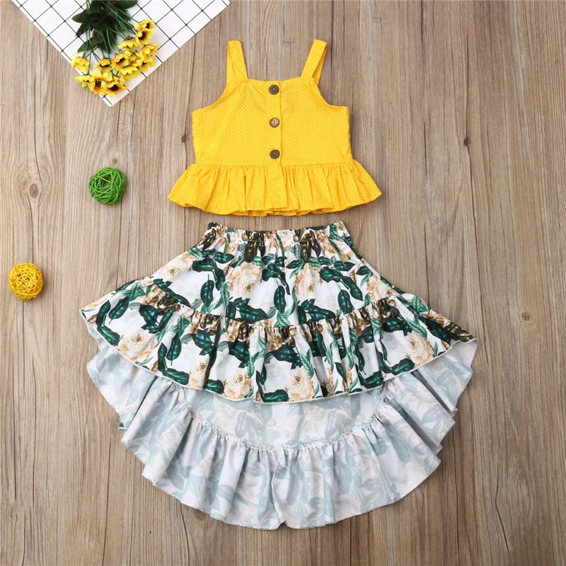 

Boho Kids Baby Girl Clothes Sets Summer Button Sling Crop Tops Vest+Floral Tutu Skirts 2Pcs Holiday Girl Cotton Outfits 1-6Y