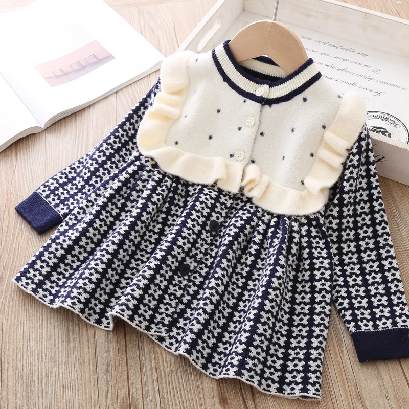 Tanie Dziewczynek sukienka ciepły kwiat dzianiny z długim rękawem księżniczka sukienka ubrania dla dzieci sukienki dziecięce dla maluch dzianina wysokiej jakości 3 T