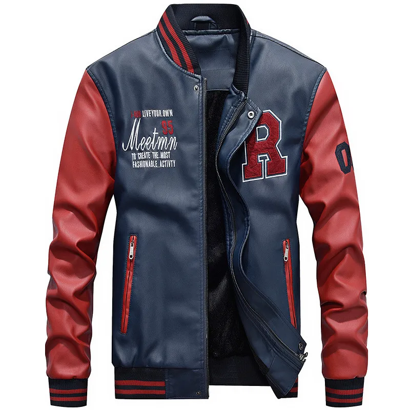 Embroidery Baseball Jackets Men Letter Stand Collar Pu Leather Coats