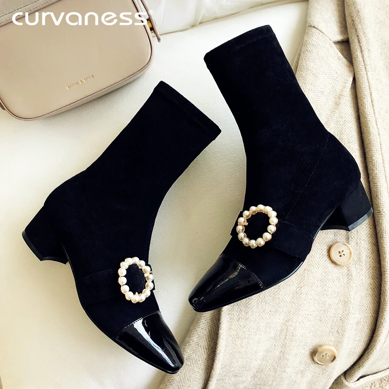 

Curvaness 2019 Elegant Pearl Clasp Sock Boots Slip On Elastic Stiletto Boot Real Leather Patchwork Point Toe Women Short Boots