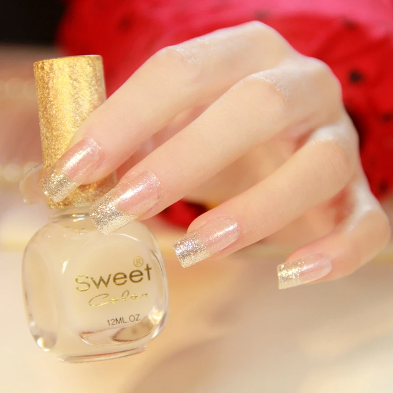Shimmer Pure Silver Glitter French Nails Clear Spirit Flat Medium Acrylic Press On Nails Full Wraps