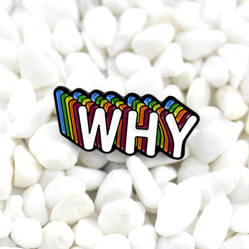 

English word WHY 6 color overlap Enamel brooch Perspective overlapping connecting letter badges Denim leather backpack pin