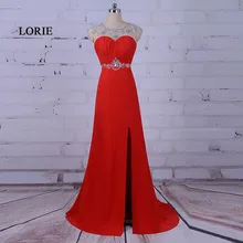 LORIE Red Long Evening font b Dress b font Scoop A Line Beaded with Rhinestones Chiffon