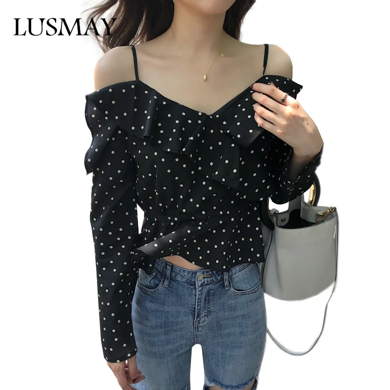 

Korean Cold Shoulder Ruffles Polka Dot Blouses Women 2018 Spring Fashion Spaghetti Strap Top Woman V Neck Black Casual Blouses