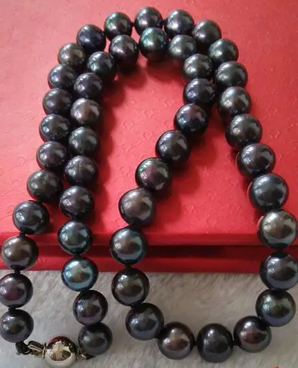 

18"9-10MM NATURAL SOUTH SEA GENUINE BLACK ROUND PEARL NECKLACE 925silver