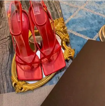 Шлепанцы для подиума из натуральной кожи; летние сандалии; женские босоножки на высоком тонком каблуке с одним ремешком и квадратным носком; zapatos de mujer; - Цвет: as picture