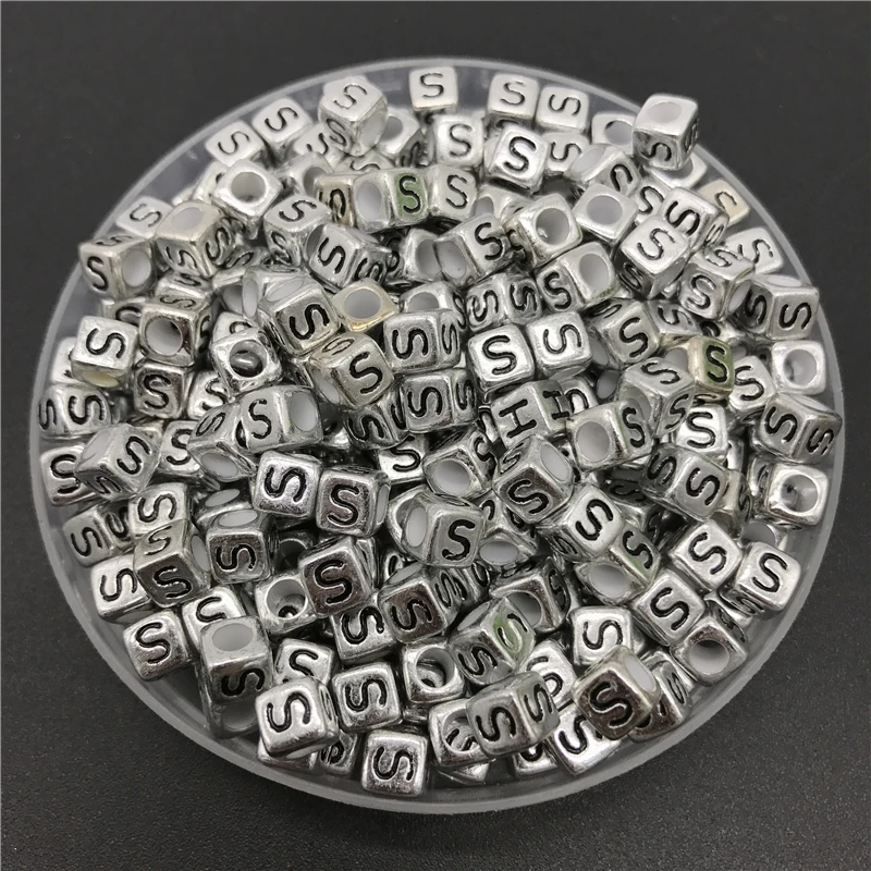 100pcs 6x6mm Silver Letter S Square Shape Alphabet Letter Beads Charms