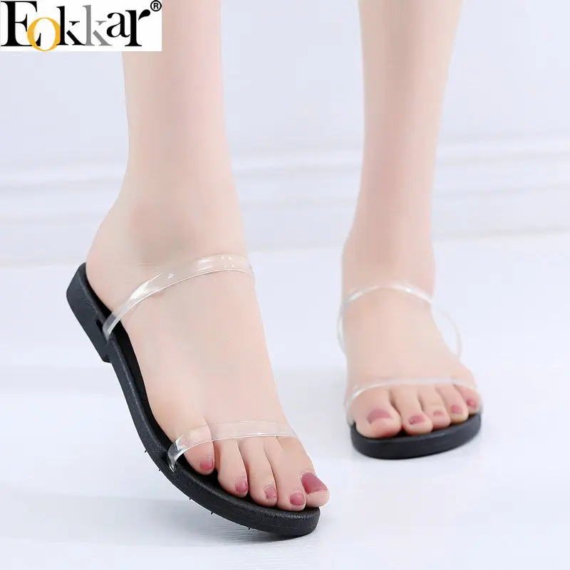 

Eokkar 2019 Transparent Ladies Sandals Slip On Flat With Heels Flip Flops Open Toe Thong Ladies White Sandals Big Size 35-42