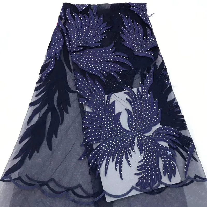 

(5yards/pc) high quality French lace fabric navy blue laser cut African net lace fabric with stones for party dress FLC883