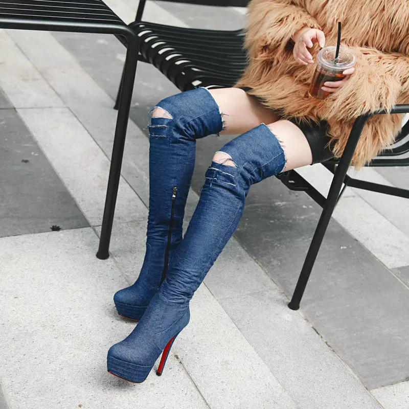 Женские синие джинсовые ботинки выше колена женская обувь до колена на тонком высоком каблуке 13,5 см джинсовые ботинки с бахромой большой размер 43
