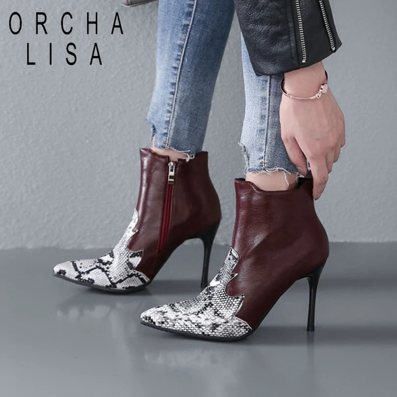 

ORCHA LISA Lady Pointed toe Thin high heel Boots Woman zipper stiletto booties snake print Sexy party work shoes spring autumn