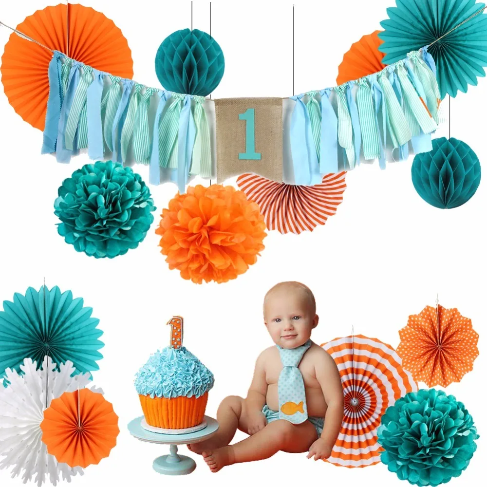 

Happy Birthday Party Decorations Kids Boy 1st Blue Green Orange pompoms Paper Fans Balloons Balls Event Decoration 9 Pieces