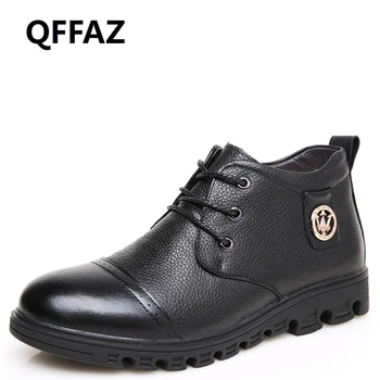 

QFFAZ men Boots winter warm shoes men zapatos hombre botas masculina genuine leather plush ankle boots lace up snow boots