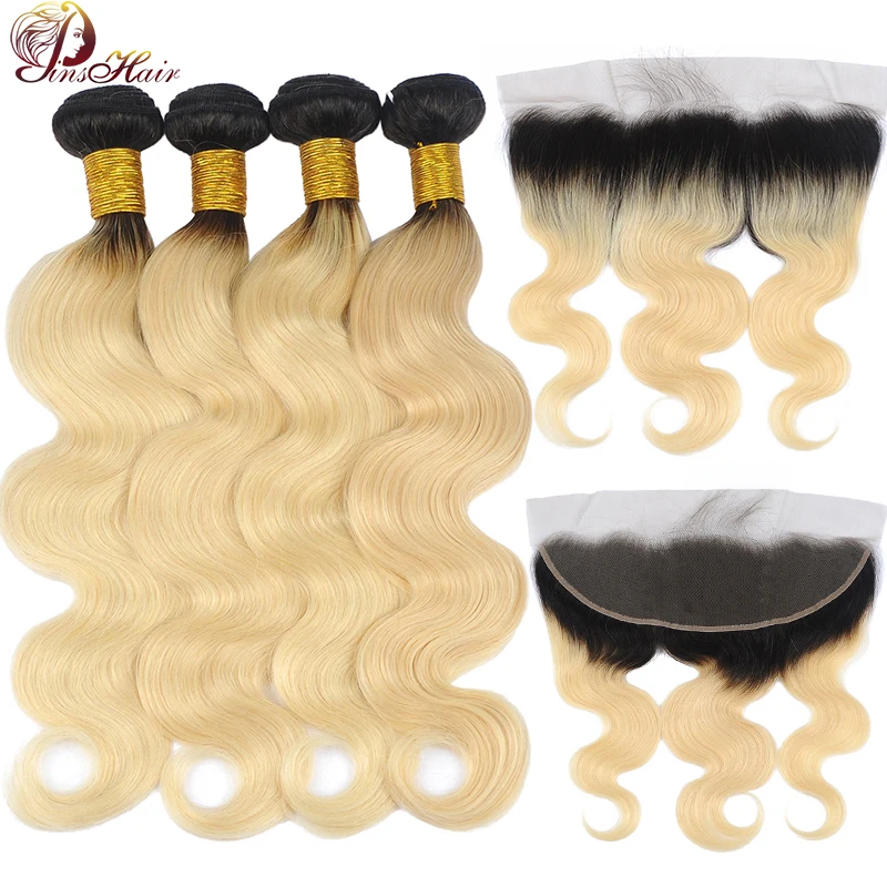 

Pinshair 613 Ombre Blonde Bundles with Frontal Body Wave Bundles with Lace Frontal Closure Peruvian Non-Remy Human Hair Bundles