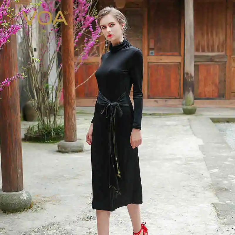 

VOA 2018 Fall Fashion Classic Solid Black Simple High Collar Slim Knit Dress Autumn Plus Size Brief Women Silk Dresses A7335
