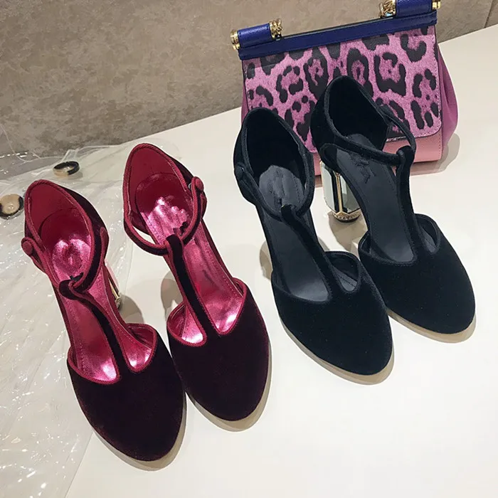 Sexy Women Pumps Chunky High Heel Pointed Toe Heels Suede Eye Dress Shoes T Strap Spring Daily Shoes