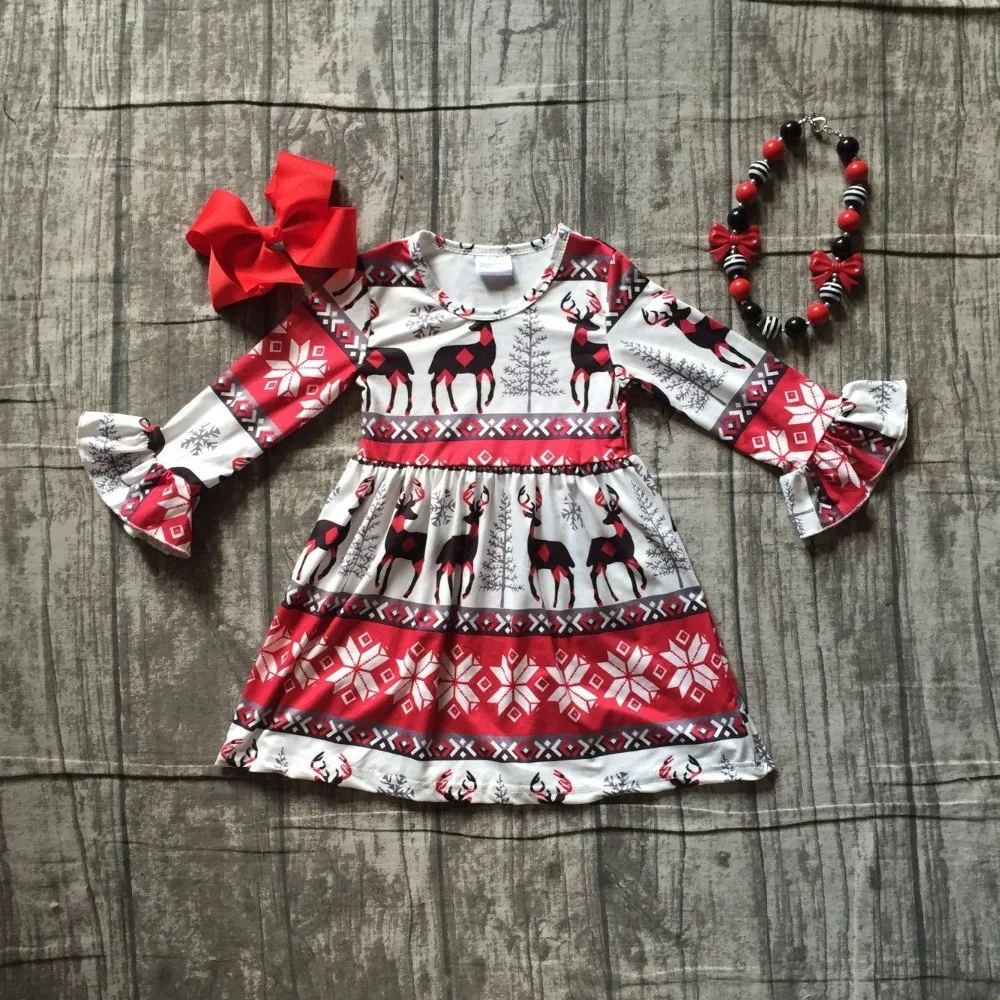 

Christmas girls children clothes baby reindeer cotton Fall/Winter long sleeve ruffles milk silk dress boutique match accessories