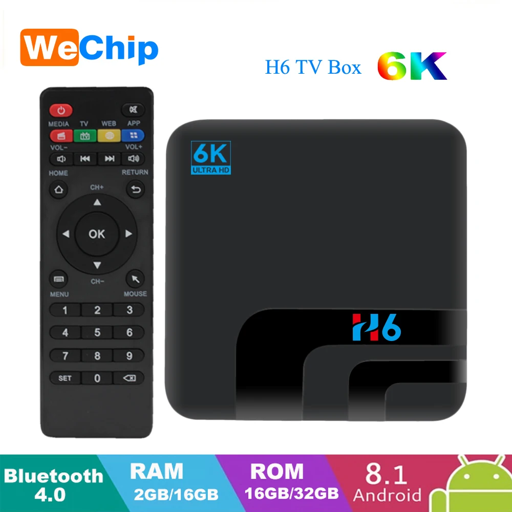 

Wechip Android 8.1 TV BOX Allwinner H6 4GB DDR3 32GB 2.4GHz WiFi Bluetooth 4.0 Support 6K HD Media Player 2GB 16GB Ott IPTV Box