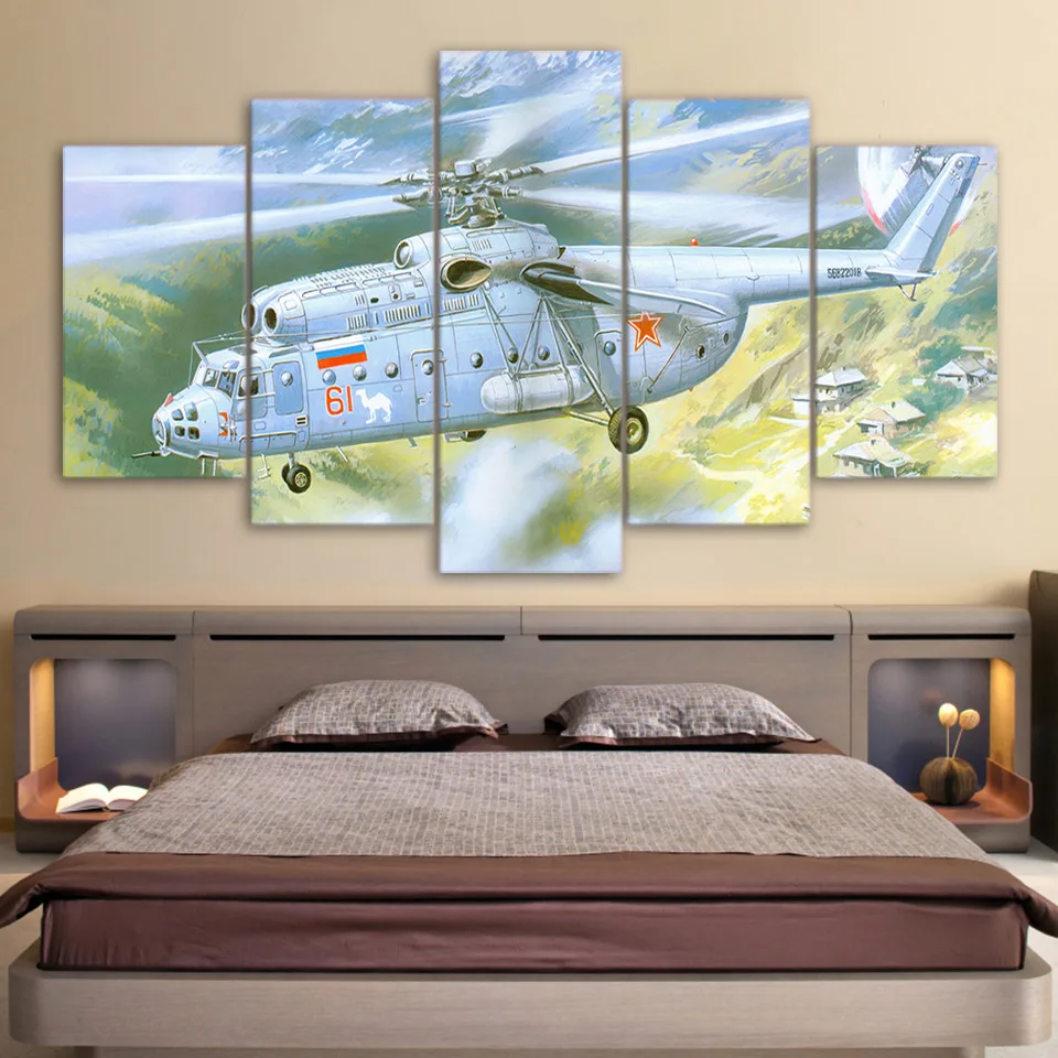 HD Print 5 Piece Canvas Art White Helicopter through Valley Pictures Posters and Prints Wall Art Canvas Painting NY-7706C