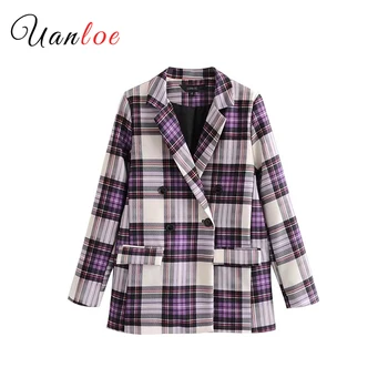 

Vintage Plaid Double Breasted Blazer Pockets Long Sleeve Outerwear Office Lady Work Wear Basic Classic Tops Plaid Blazer 2019