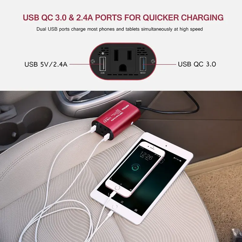 VicTsing Car Power Inverter DC 12V to 110V AC Converter QC 3.0 Portable Car Adapter 150W Power Inverter Adapter with Dual USB    (2)