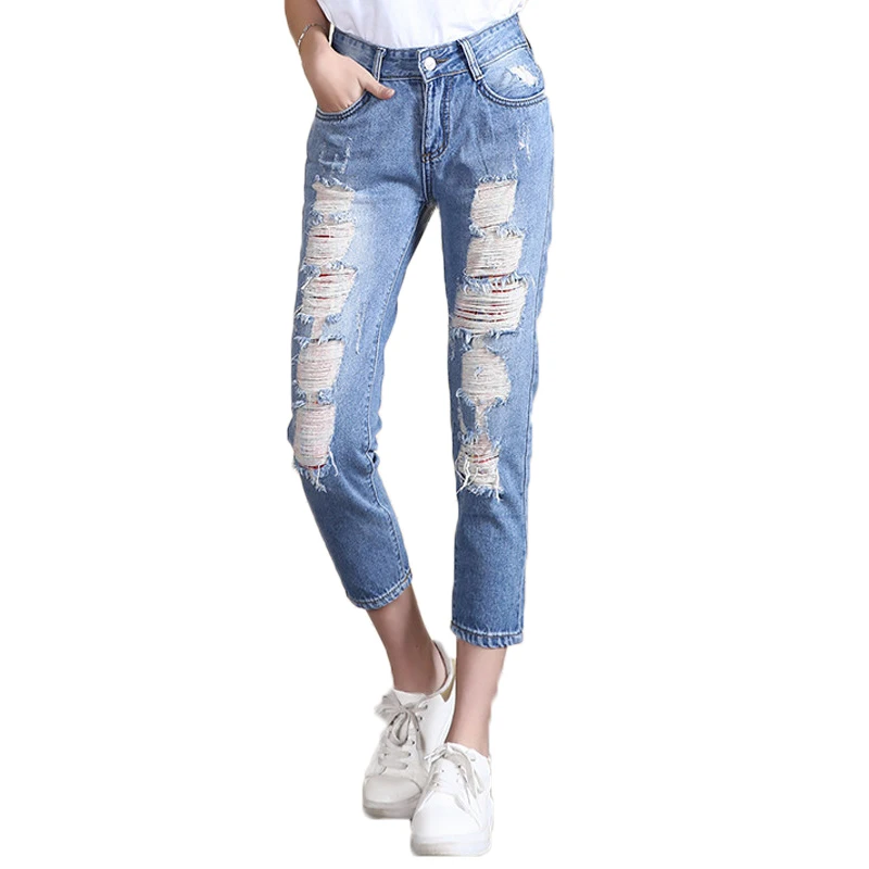 

Fashion Jeans Vintage Holes knee Ripped Jeans Denim Blue Trousers Female Denim Women Europe baggy Jeans boyfriend femme WICCON