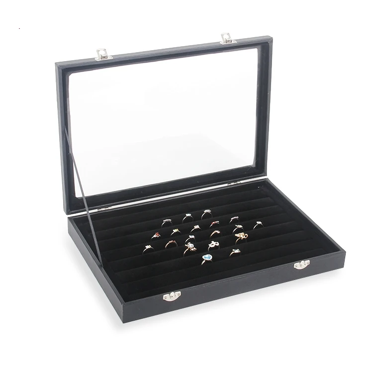 TONVIC черный кожзам ювелирные изделия Дисплей Коробка кольцо браслет серьги цепочки и ожерелья бусины отсеки для хранения лоток со стеклянной крышкой - Цвет: Ring Box 7 Rows